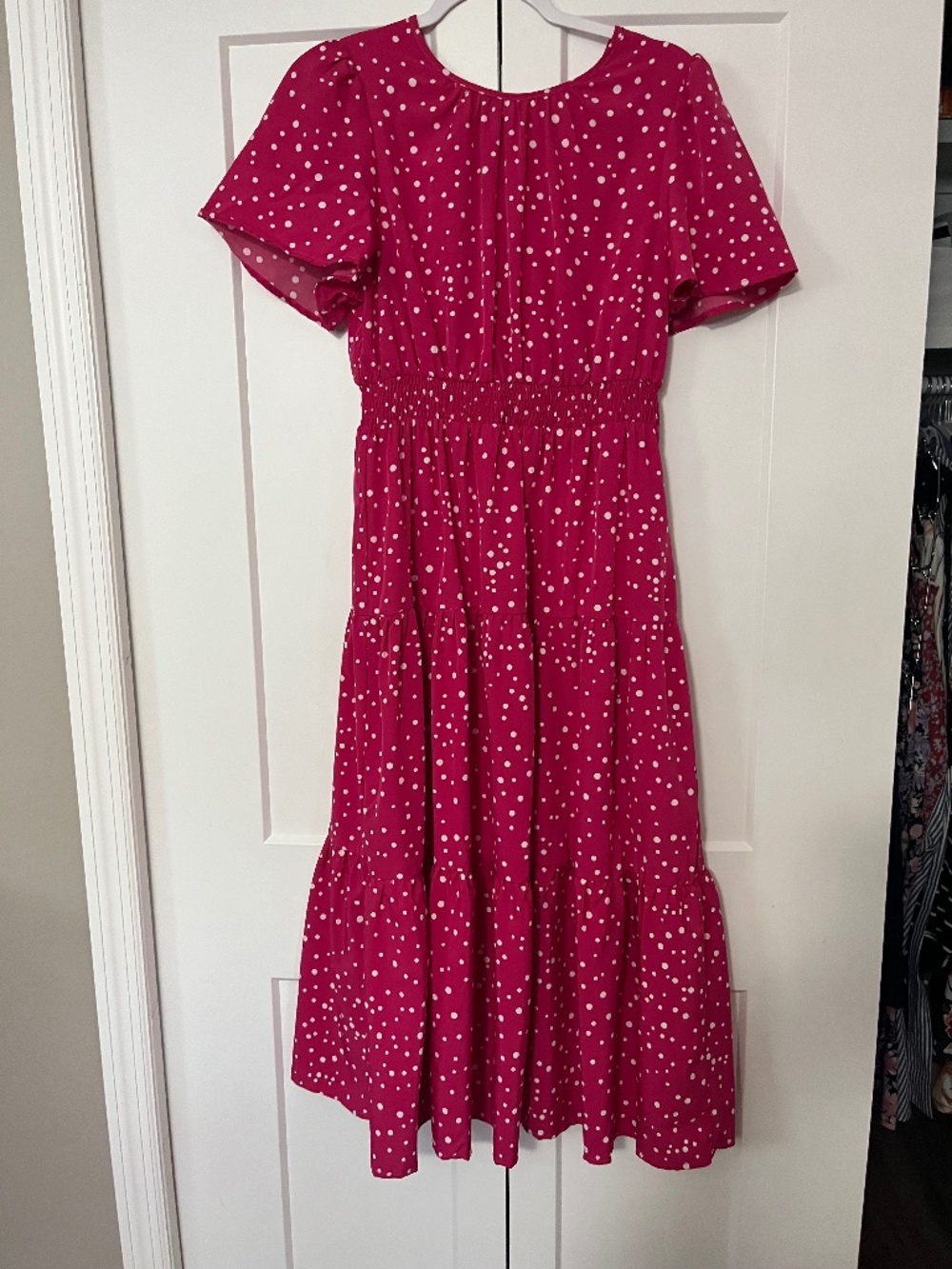 Womens Hot Pink Polka Dot Tiered Maxi Dress